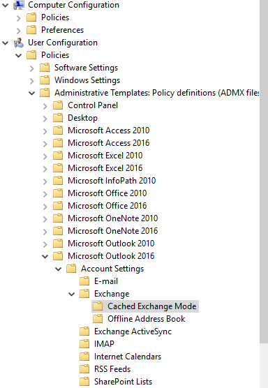 use cached exchange mode outlook 2016