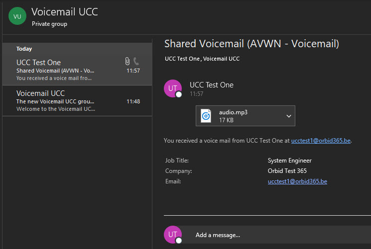 A voicemail message arriving in Outlook